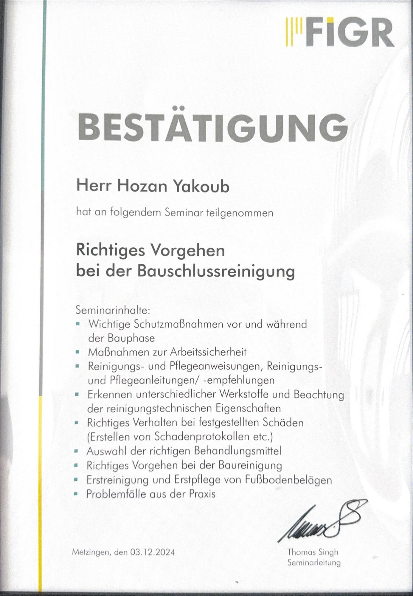 Bauschlussreinigung - Herr Hozan Yakoub